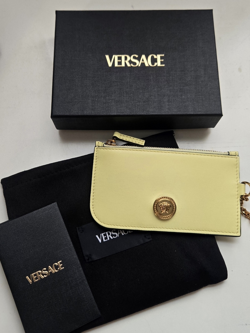 Versace Pale Yellow Leather Cardholder with Gold Medusa Emblem